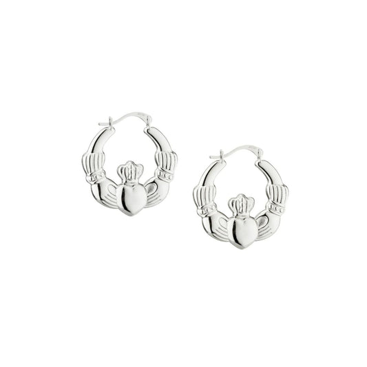 These chunky Claddagh hoop earrings are crafted in sterling silver, creating a beautiful shine. &nbsp;Radiant silver and a striking Creole hoop design meet the timeless Claddagh symbol in these striking earrings. Let the heart, hands, and crown whisper tales of love, friendship, and loyalty, a bold and romantic expression of your Irish heritage.