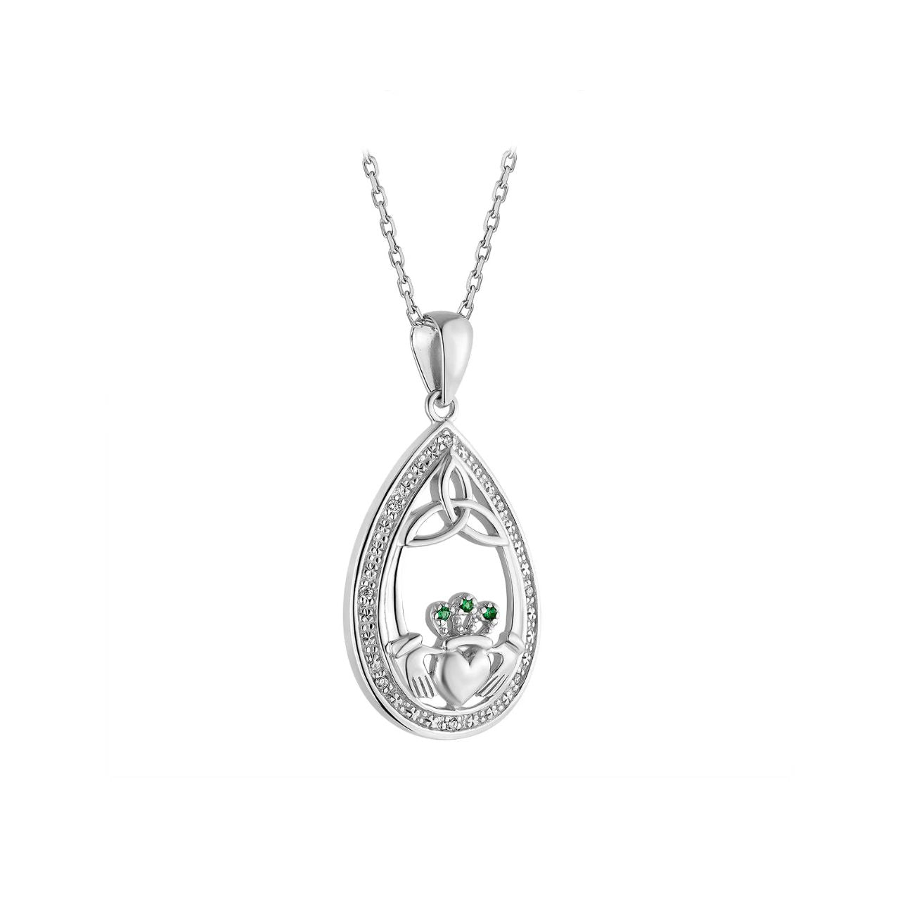 This beautiful sterling silver necklace features our two most popular symbols - the Claddagh and the Trinity knot. Our designers have created a piece in a teardrop shape accented by cubic zirconia and 3 green crystals on the Claddagh's crown.