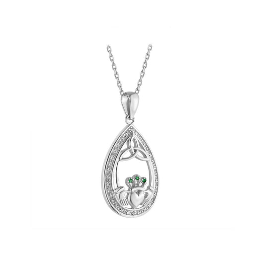 This beautiful sterling silver necklace features our two most popular symbols - the Claddagh and the Trinity knot. Our designers have created a piece in a teardrop shape accented by cubic zirconia and 3 green crystals on the Claddagh's crown.