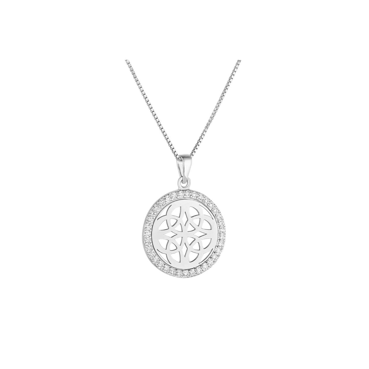 This sterling silver Celtic Knot necklace is designed in a disc shape with a surround of cubic zirconia. This richly decorated knot work is instantly recognizable as Irish. This sparkly necklace is a modern take on the traditional Celtic design.