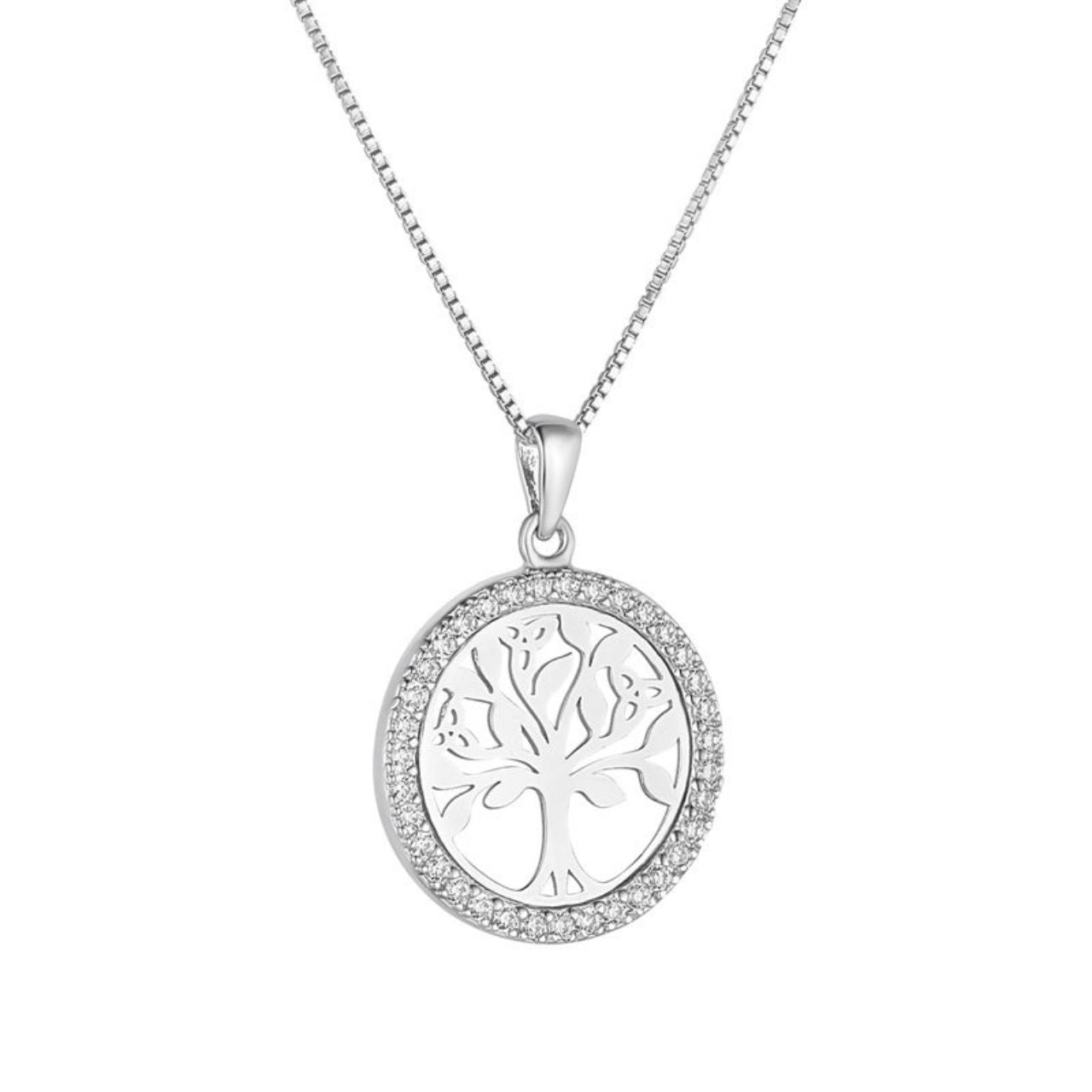 Sterling Silver CZ Round Tree Of Life Necklace  Crafted in sterling silver, this Tree of Life necklace sits in the centre of a ring of cubic zirconia. The Tree of Life is a famous Irish symbol which represents balance, harmony and rebirth. A chic look that will brighten up any neckline.