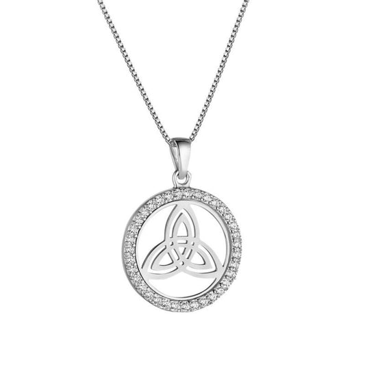 Sterling Silver CZ Round Trinity Knot Necklace  This sterling silver Trinity necklace represents eternal life and ever lasting love. It is designed in a disc shape with a surround of cubic zirconia, giving it an added touch of sparkle.