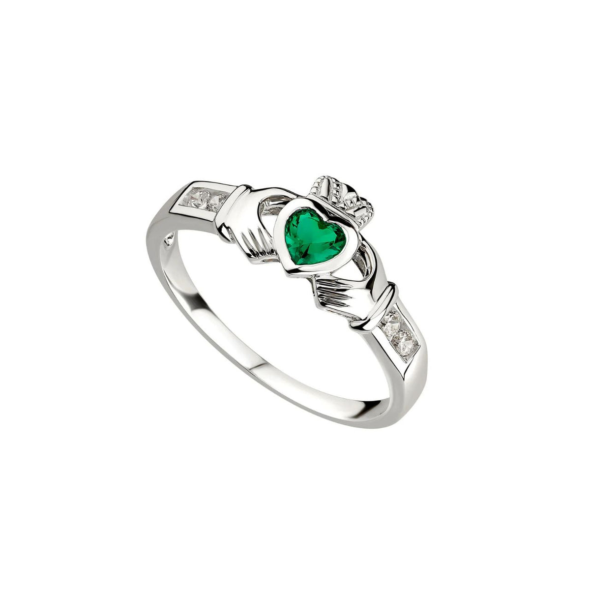 This beautiful sterling silver Claddagh emerald ring features a green heart at the centre to symbolise love for the Emerald Isle.