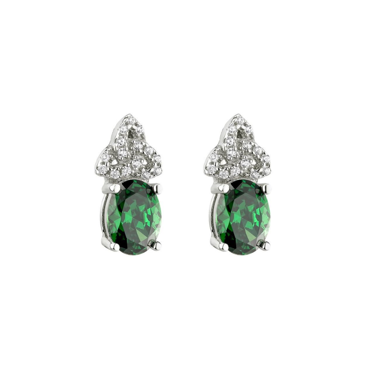 Crafted in sterling silver with a large green Cubic Zirconia crystal stone in the centre, these earrings are the perfect addition to any look. Crystal set trinity knots above each green stone add a touch of Celtic charm. The trinity knot symbolises never ending love with no beginning and no end.