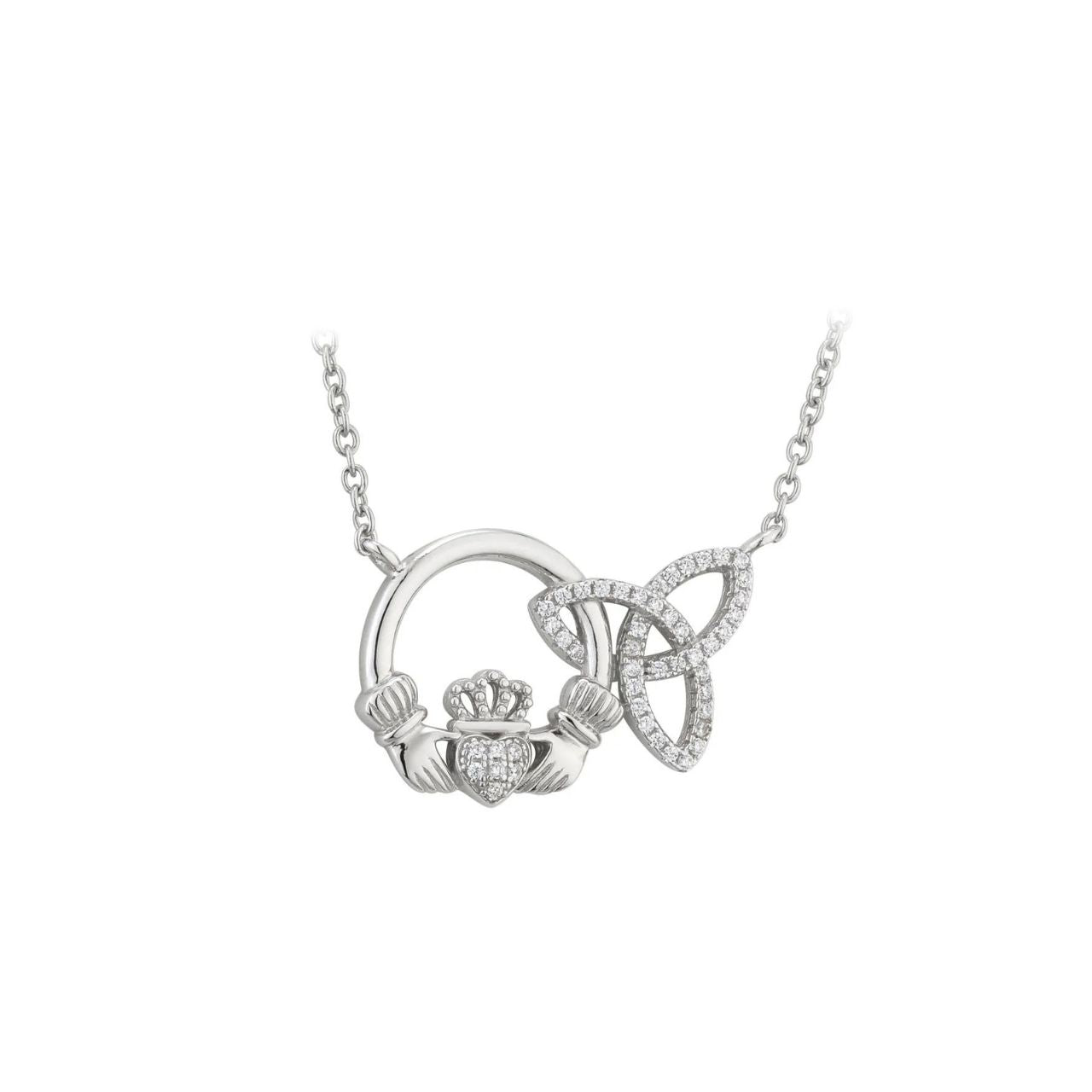 This precious sterling silver pendant features an interlocking Claddagh and Trinity Knot. The Claddagh is deeply meaningful, with symbols representing love (heart), friendship (hands) and loyalty (crown). The Trinity Knot is equally symbolic; it has no beginning and no end and so represents never-ending love. This sterling silver pendant has been uniquely crafted to feature cubic zirconia crystals for added sparkle, and has been Irish hallmarked in Dublin Castle.