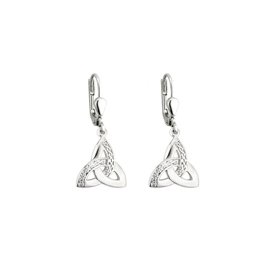 Sterling Silver Trinity Knot Drop Earrings by Solvar  These precious sterling silver drop earrings feature the iconic Trinity Knot, and have been Irish hallmarked in Dublin Castle. The Trinity Knot dates back to monks who worked devotedly to illustrate the gospels, with the circular design (with no beginning and no end) representing eternal life and endless love.