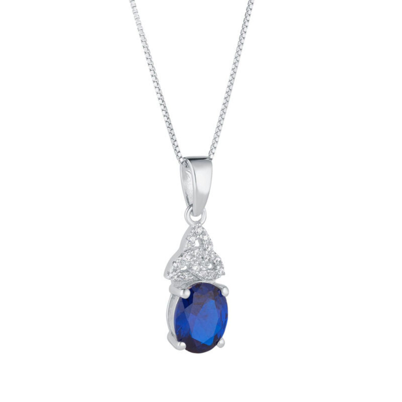 Sterling Silver Trinity Knot Pendant Blue Oval CZ Stone  A September birthday is symbolised by the beautiful sapphire stone in this Trinity Knot birthstone necklace. This necklace has been crafted in sterling silver and features a Trinity Knot symbol which has been encrusted in cubic zirconia.