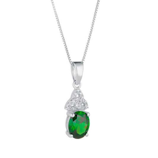 Sterling Silver Trinity Knot Pendant Green Oval CZ Stone  May’s birthstone is the emerald, iconic across Ireland, it is said to invite good health, love and prosperity. This Sterling Silver Trinity Knot necklace contains the eye catching green stone.