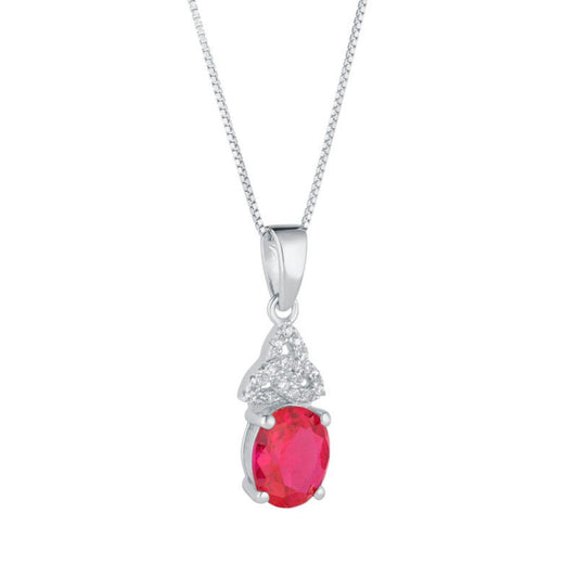 Sterling Silver Trinity Knot Pendant Red Oval CZ Stone  Crafted from sterling silver, this birthstone Trinity Knot necklace is elegant and unique. It features July's birthstone, the striking red ruby. It is a meaning necklace that symbolises the timeless nature of the human spirit.