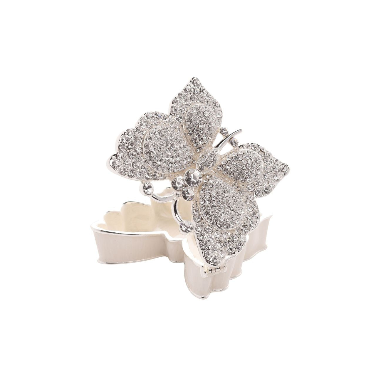 Experience the whimsical charm of the Sophia Classic Butterfly Trinket Box. This silver-coloured, butterfly-shaped treasure is adorned with an intricate pattern of sparkling, diamond-like crystals, making it an irresistible addition to any gift or keepsake collection.
