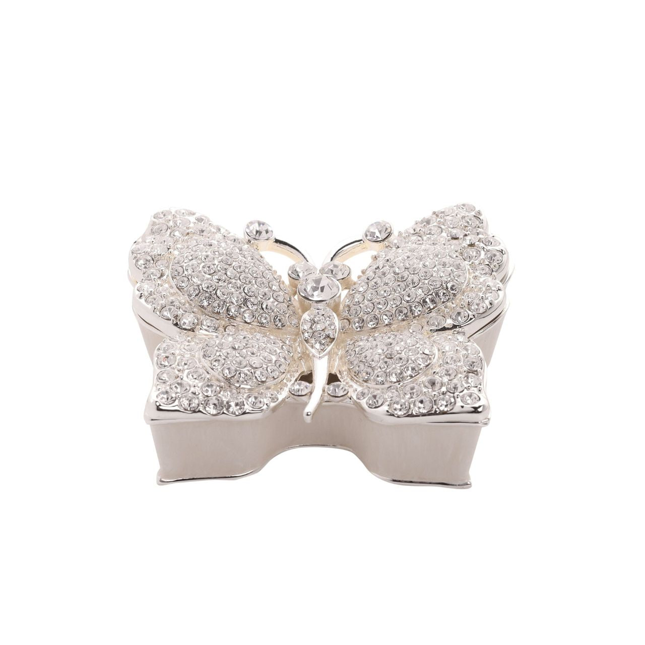 Experience the whimsical charm of the Sophia Classic Butterfly Trinket Box. This silver-coloured, butterfly-shaped treasure is adorned with an intricate pattern of sparkling, diamond-like crystals, making it an irresistible addition to any gift or keepsake collection.