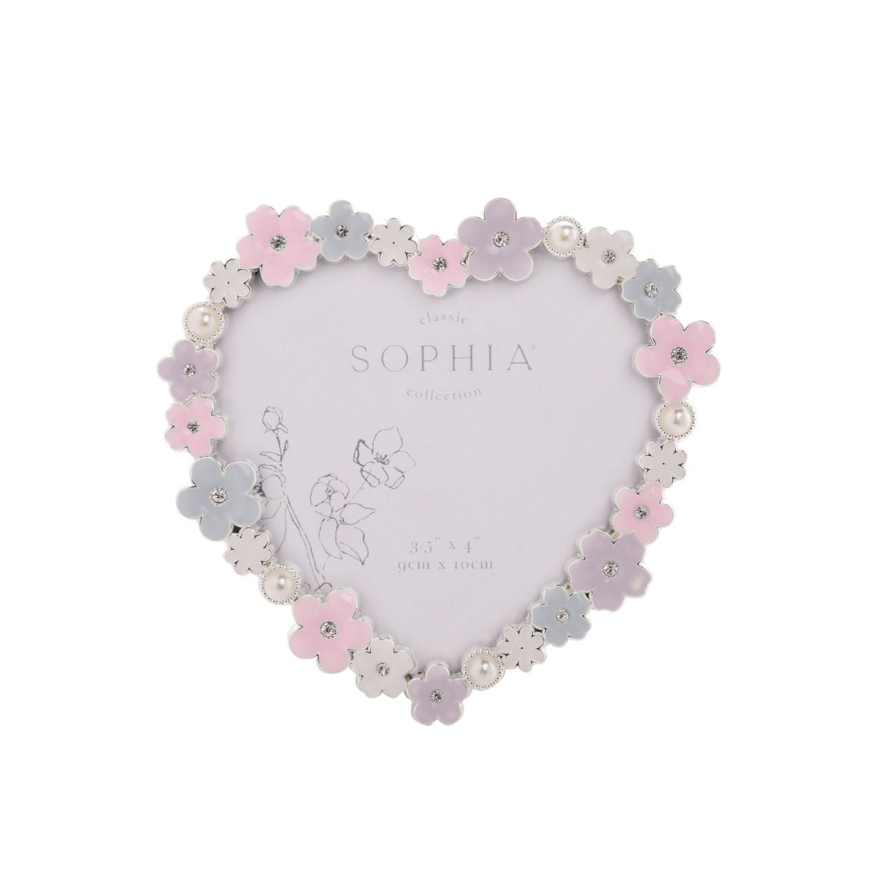Make your memories bloom with the Sophia Classic Daisy 4 x 6 Heart Frame in Pastel. This heart-shaped frame, adorned with delicate white and pink flowers, offers a charming home for your cherished photos, adding pastel charm to any decor.