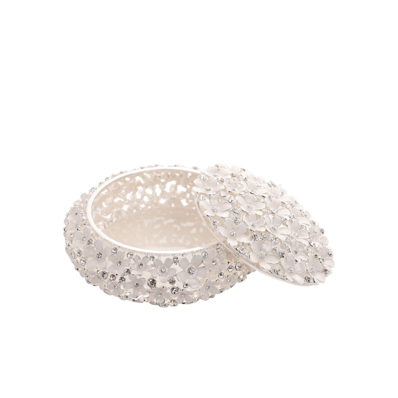 Indulge in the decadence of the Sophia Classic Daisy Open Work Trinket Box, a resplendent round piece adorned with shimmering crystals. This ornate jewel box, set against a crisp white backdrop, is an exquisite addition to any dressing table, radiating a unique charm.