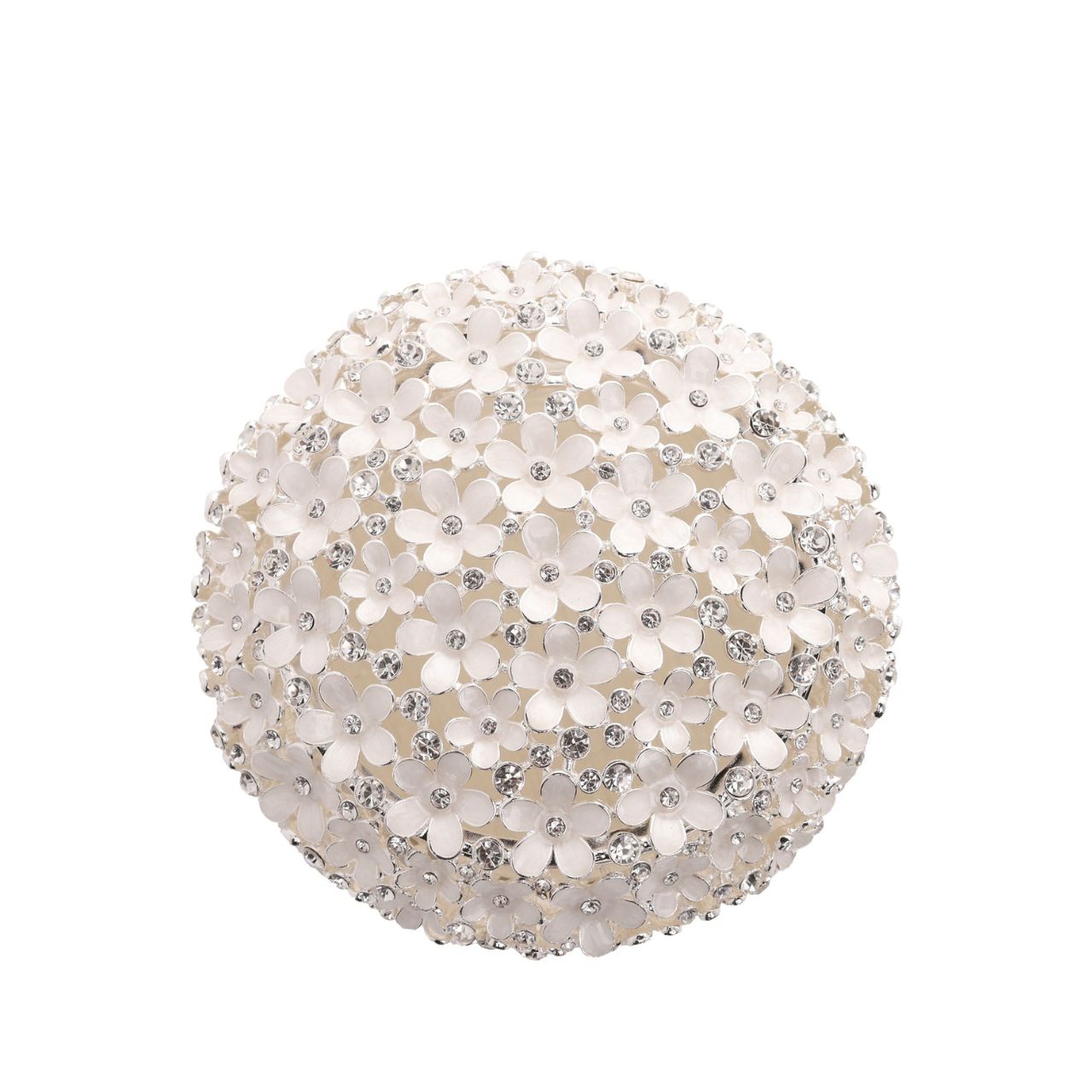 Indulge in the decadence of the Sophia Classic Daisy Open Work Trinket Box, a resplendent round piece adorned with shimmering crystals. This ornate jewel box, set against a crisp white backdrop, is an exquisite addition to any dressing table, radiating a unique charm.