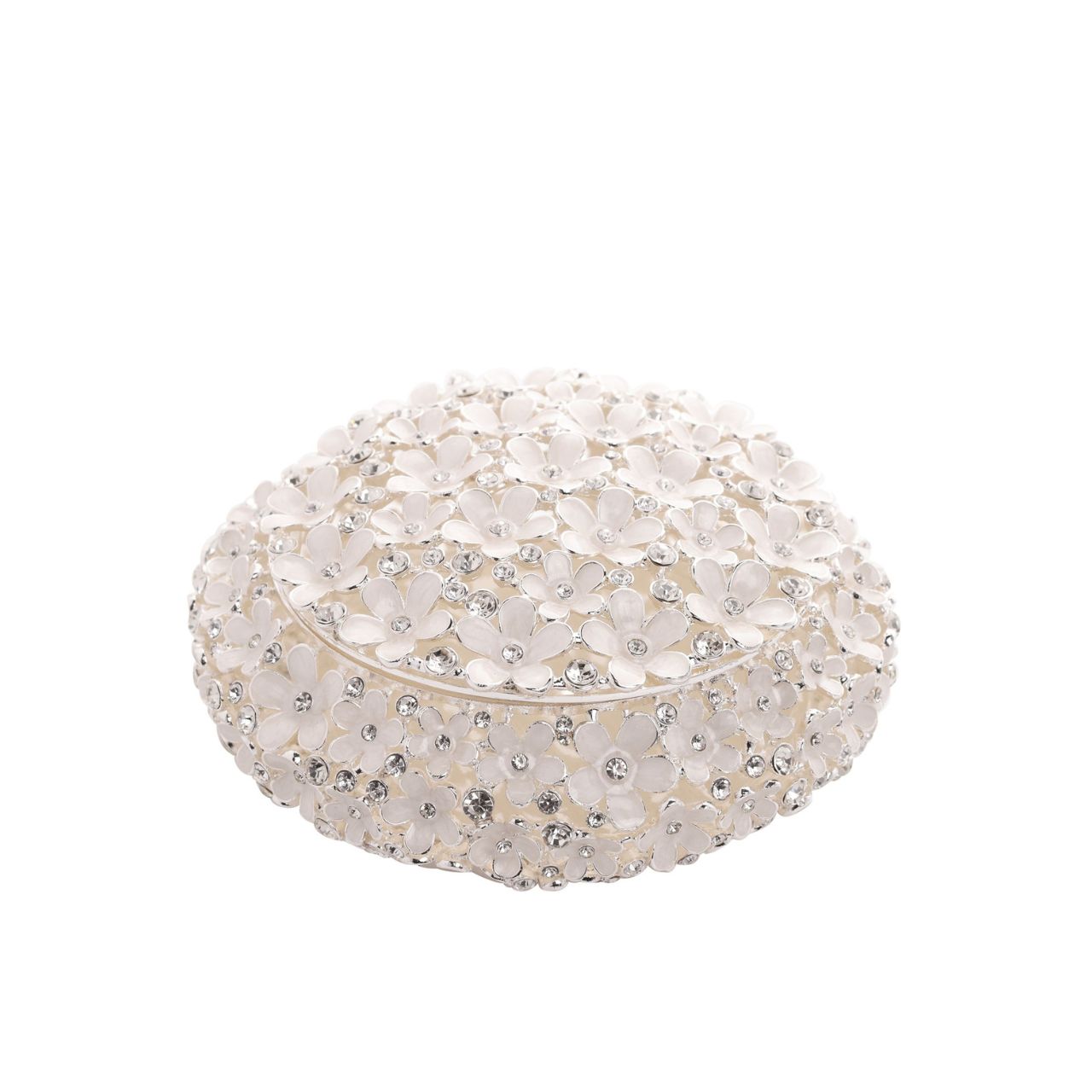 Indulge in the decadence of the Sophia Classic Daisy Open Work Trinket Box, a resplendent round piece adorned with shimmering crystals. This ornate jewel box, set against a crisp white backdrop, is an exquisite addition to any dressing table, radiating a unique charm.
