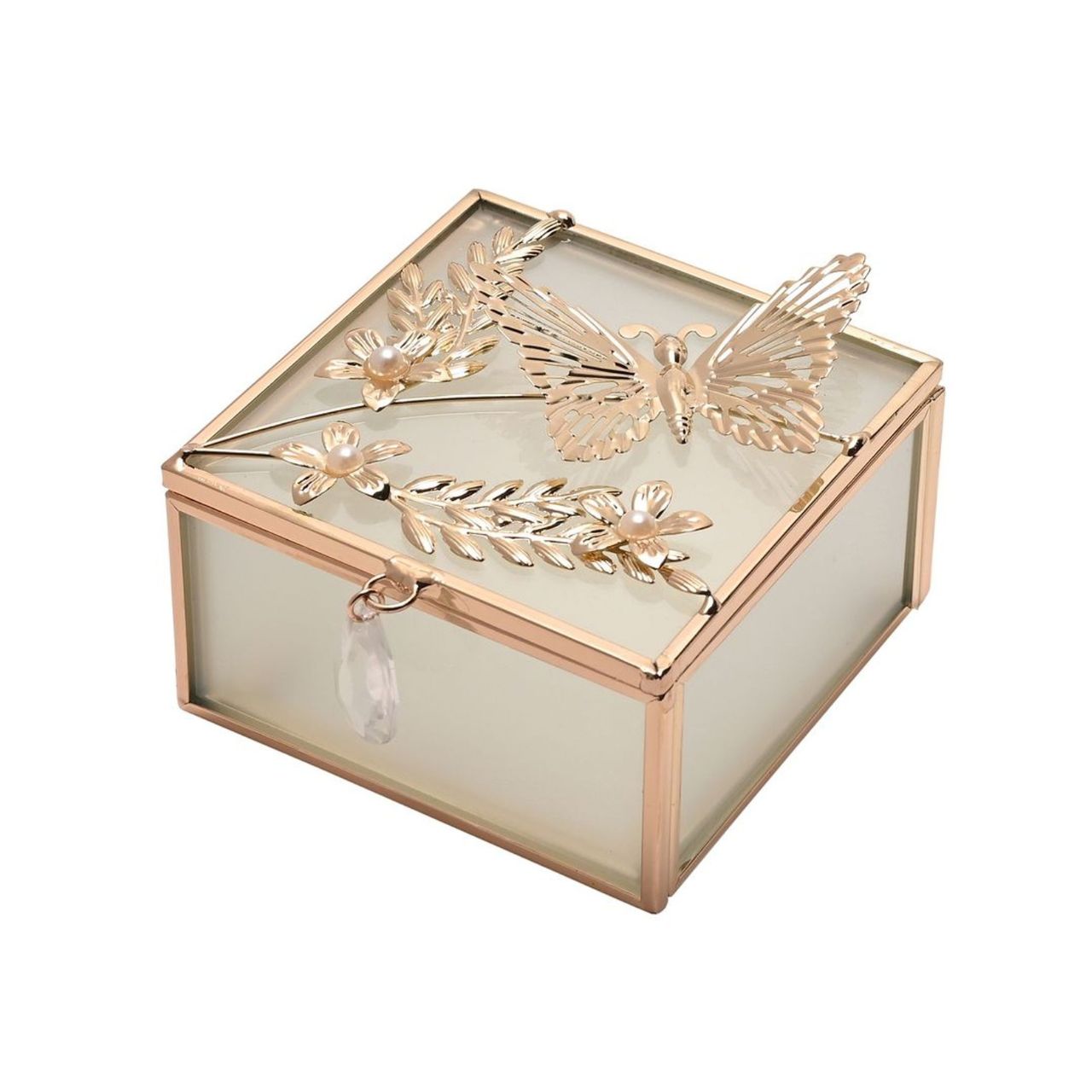 The box has a stunning gold-coloured lid with an ornate butterfly design for a touch of beauty and refinement. The combination of glass and the colour of gold means this trinket box adds a graceful touch of luxury to any dressing table or mantlepiece.
