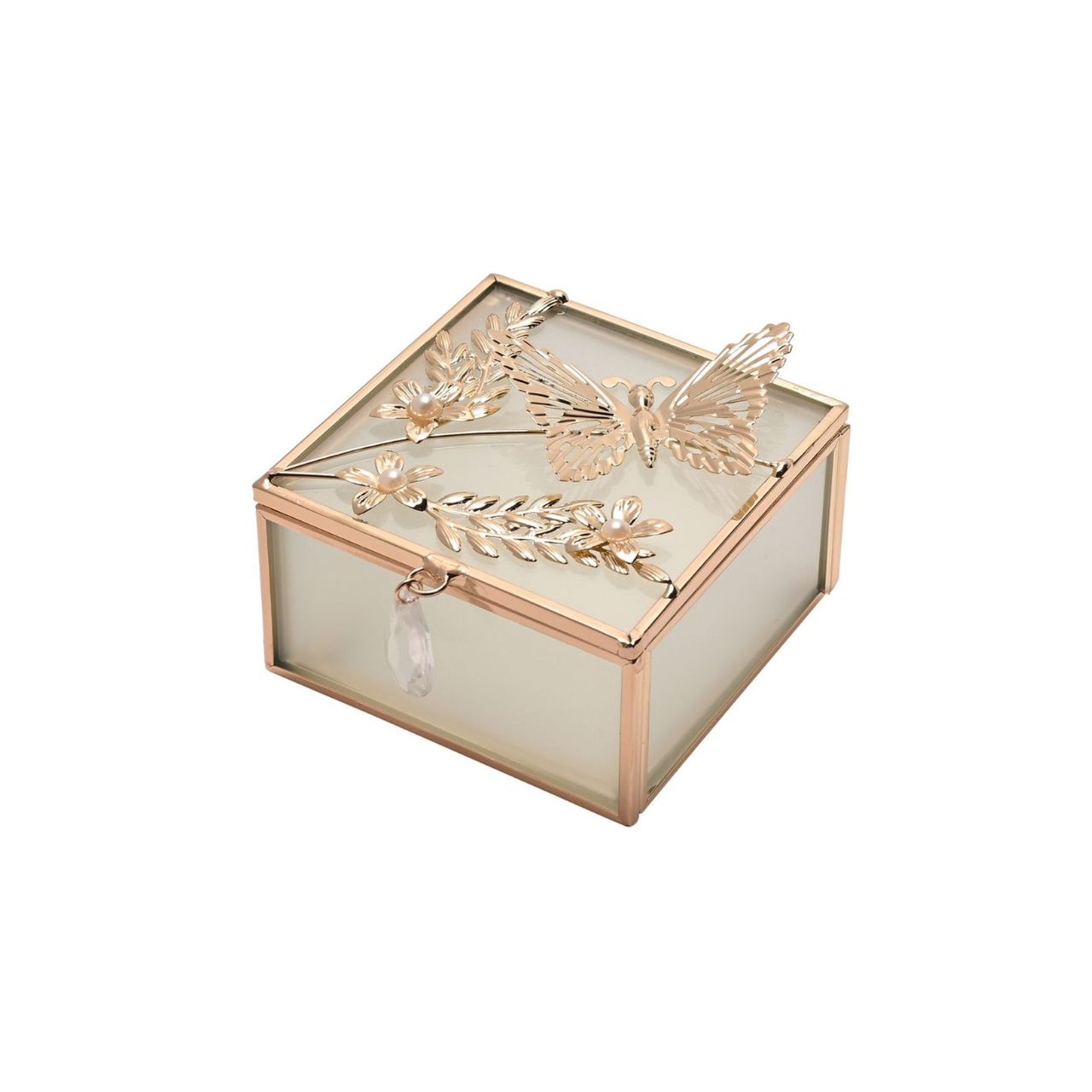The box has a stunning gold-coloured lid with an ornate butterfly design for a touch of beauty and refinement. The combination of glass and the colour of gold means this trinket box adds a graceful touch of luxury to any dressing table or mantlepiece.