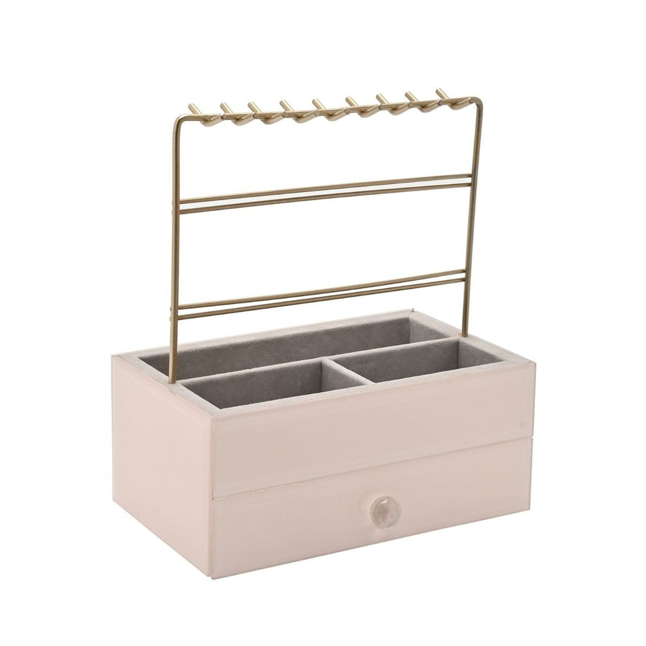 Let jewellery sparkle with the Sophia Classic Nude Glass Jewellery Box & Hanger.

With gold-finished metal frame, this jewellery organiser brings a touch of timeless glamour to any dressing table.