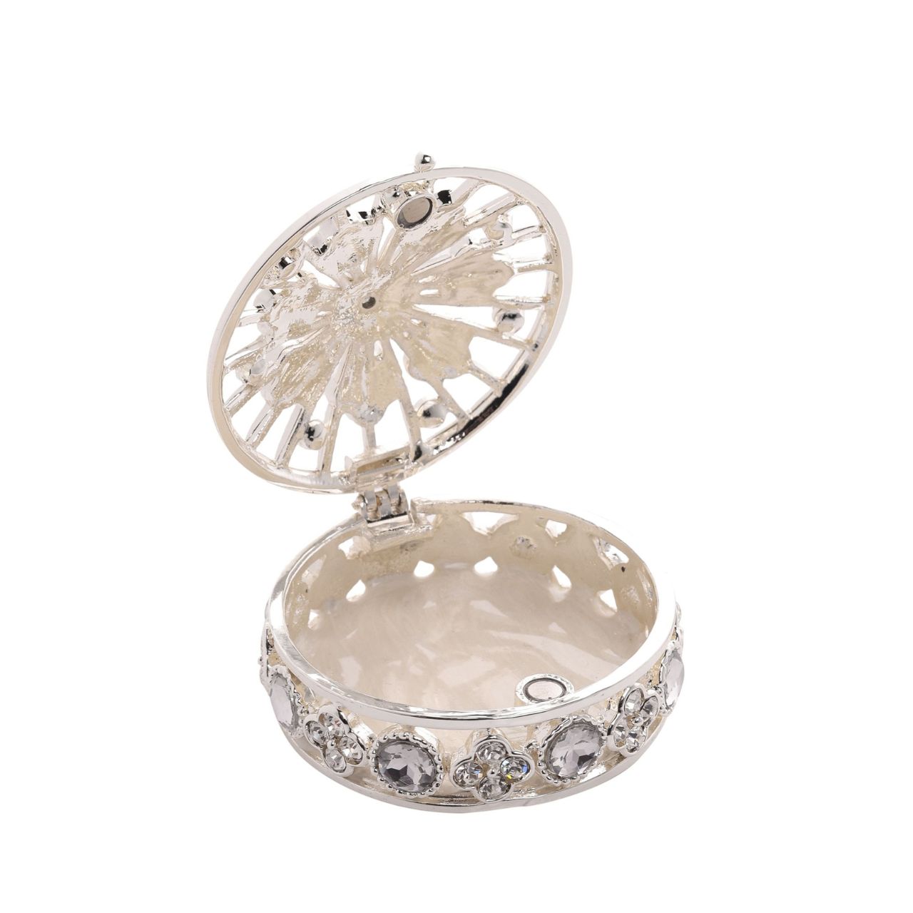 Introducing the Sophia Classic Open Work Trinket Box, a round and ornate piece that effortlessly captures elegance and charm. Dotted with twinkling crystals or diamonds, its intricate floral design sets the stage for a captivating display, making it the perfect keepsake or gift.
