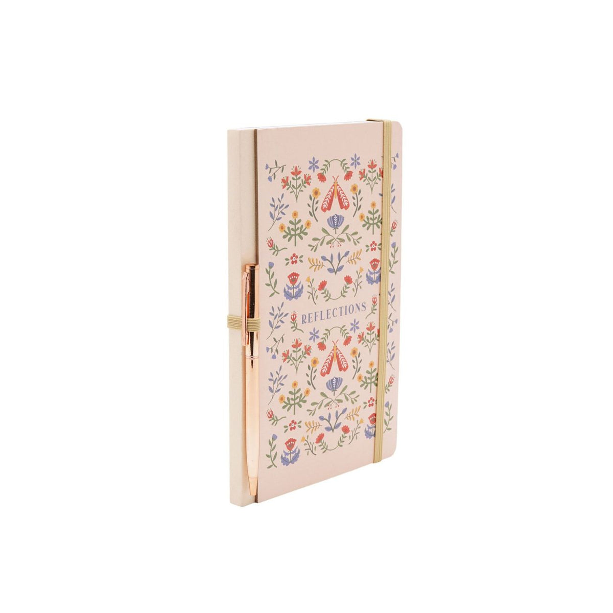 A floral-patterned notebook titled "Reflections" with an orange elastic closure pairs beautifully with a sleek pen, creating a set that's both useful and display-worthy. Jot down notes, memories, and dreams on smooth lined pages.