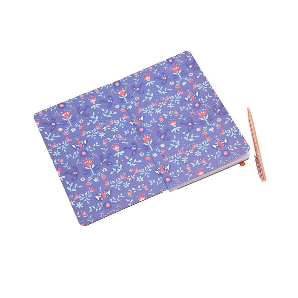 A floral-patterned notebook titled "Reflections" with an orange elastic closure pairs beautifully with a sleek pen, creating a set that's both useful and display-worthy. Jot down notes, memories, and dreams on smooth lined pages.