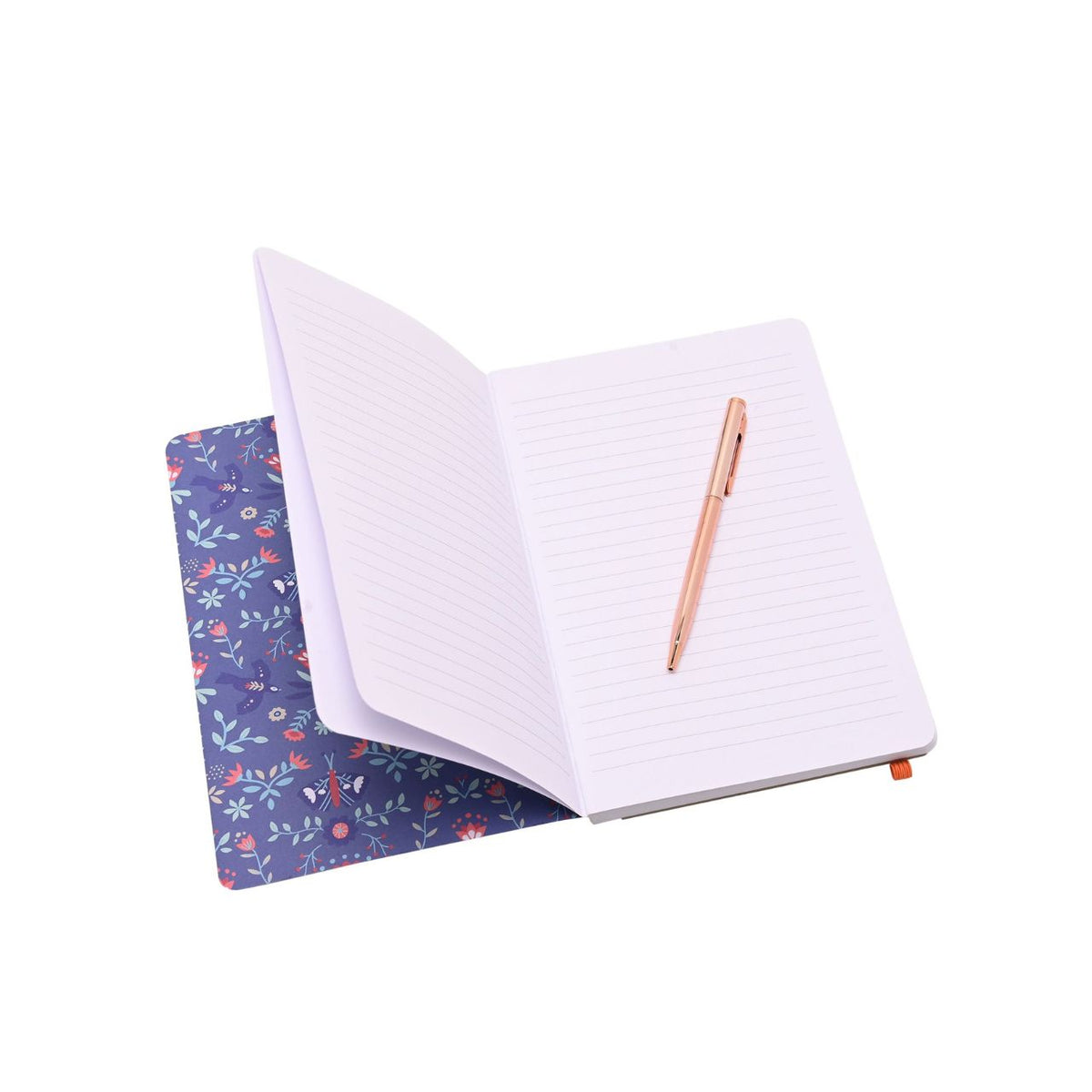 A floral-patterned notebook titled "Reflections" with an orange elastic closure pairs beautifully with a sleek pen, creating a set that's both useful and display-worthy. Jot down notes, memories, and dreams on smooth lined pages.