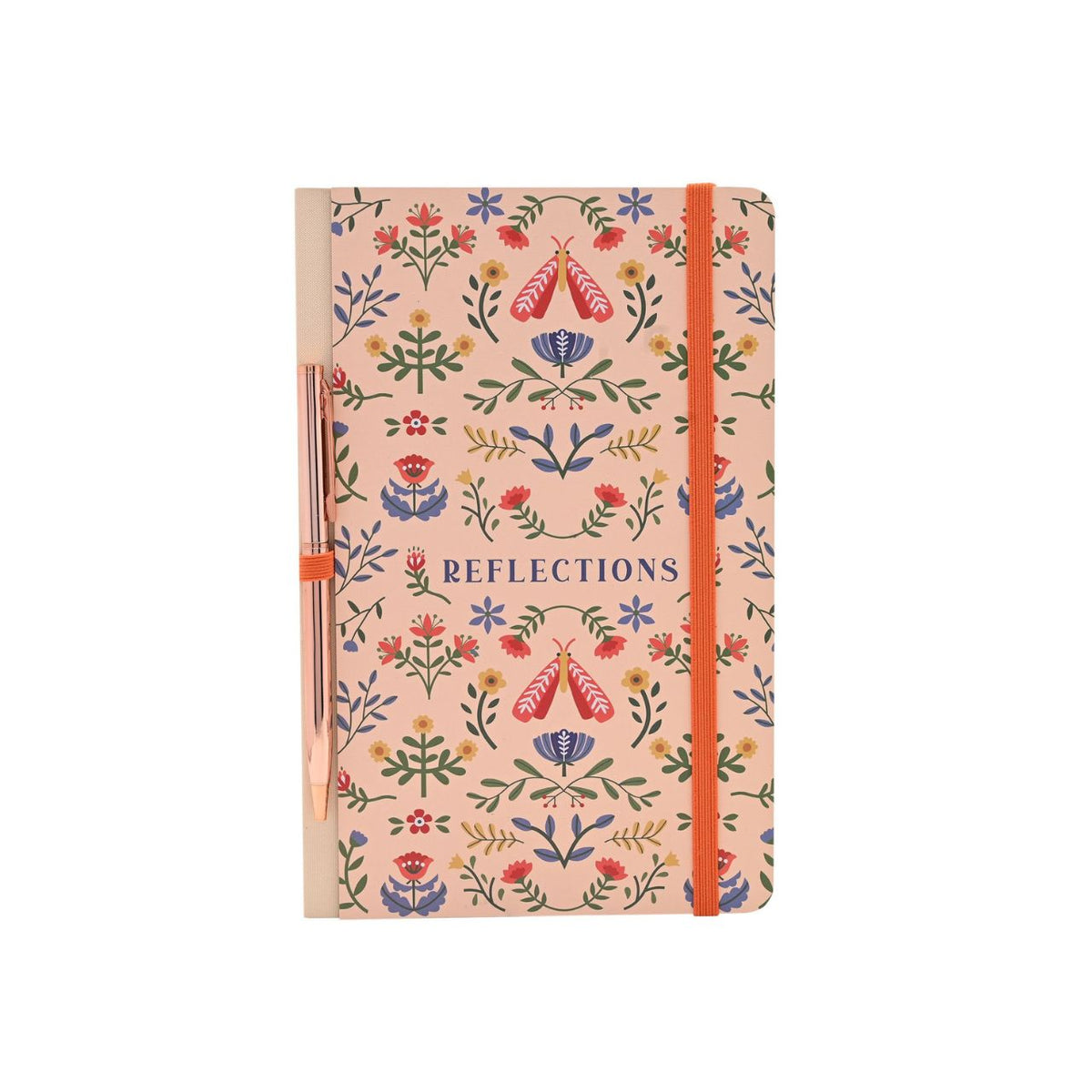 A floral-patterned notebook titled "Reflections" with an orange elastic closure pairs beautifully with a sleek pen, creating a set that's both useful and display-worthy. Jot down notes, memories, and dreams on smooth lined pages.
