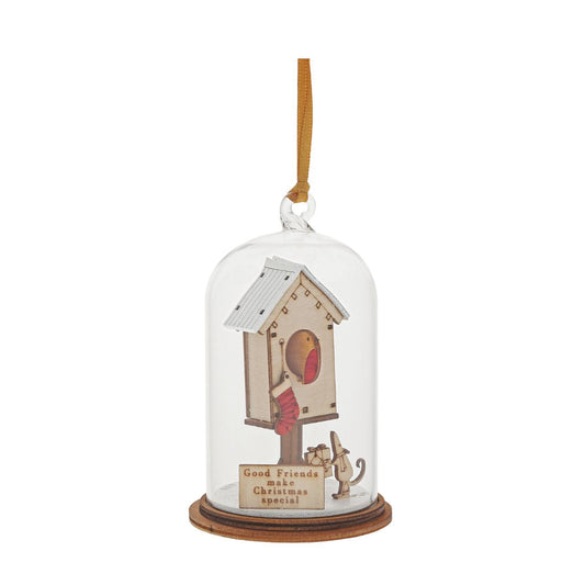 Special Friends Kloche Hanging Ornament  The Spirit of Christmas. A collection of delightful wooden decorations that capture the essence of that special time of year. This glass dome, Christmas decoration encases a little mouse, adorned with bird in his house and ribbon to help hang off your Christmas tree.