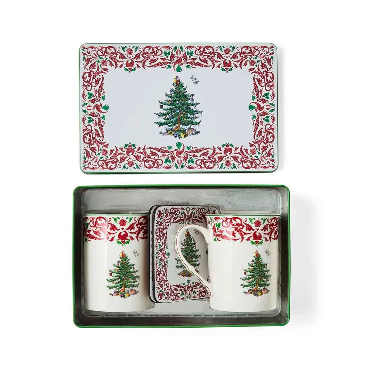 The Spode Christmas Tree Annual 2026 5pc Mug & Tin Set pairs festive charm with practical gifting appeal. Featuring two 12fl.oz mugs with a red and green scroll border and matching cork-backed coasters, the coordinating tin they are packaged in makes a beautifully presented collectors' gift.