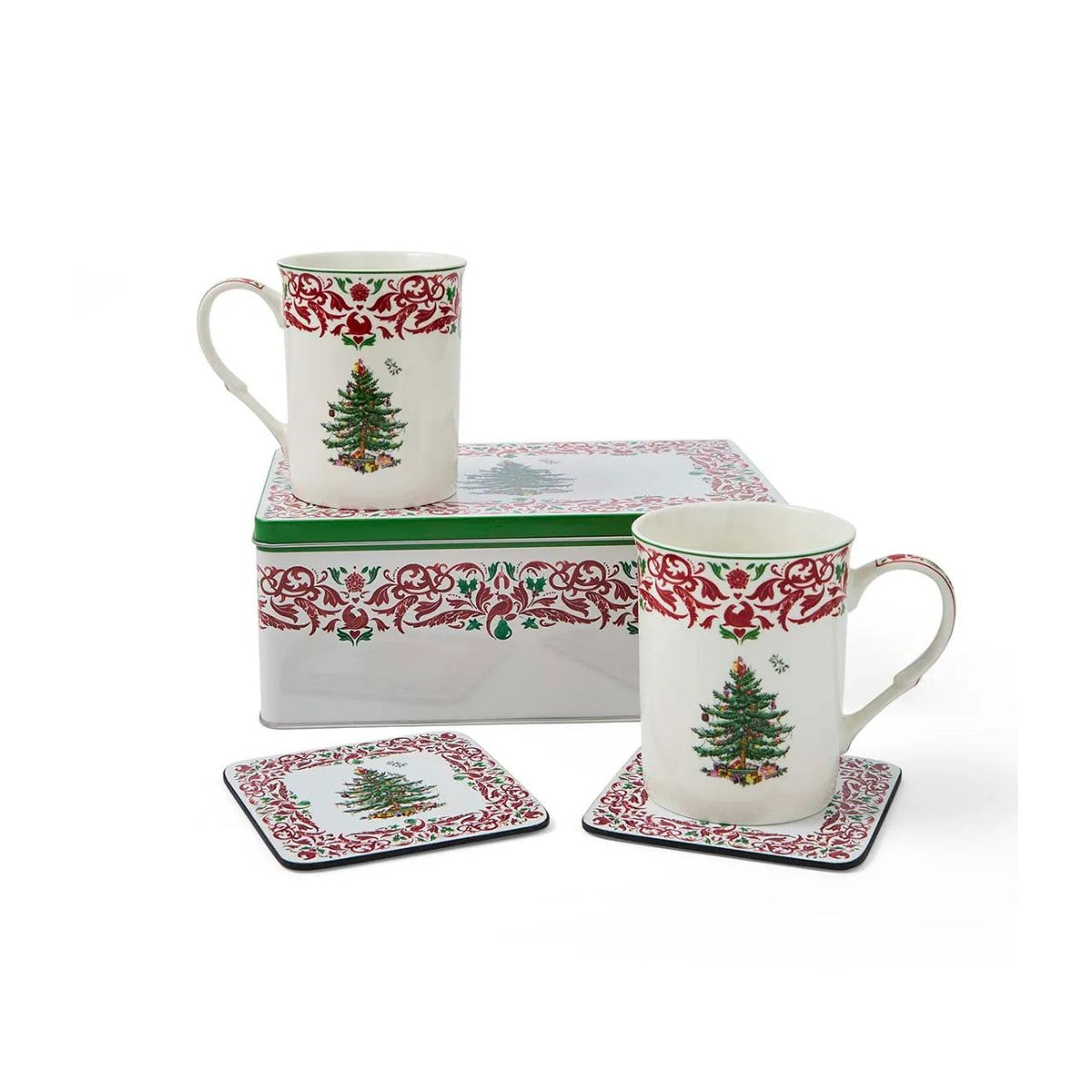 The Spode Christmas Tree Annual 2026 5pc Mug & Tin Set pairs festive charm with practical gifting appeal. Featuring two 12fl.oz mugs with a red and green scroll border and matching cork-backed coasters, the coordinating tin they are packaged in makes a beautifully presented collectors' gift.