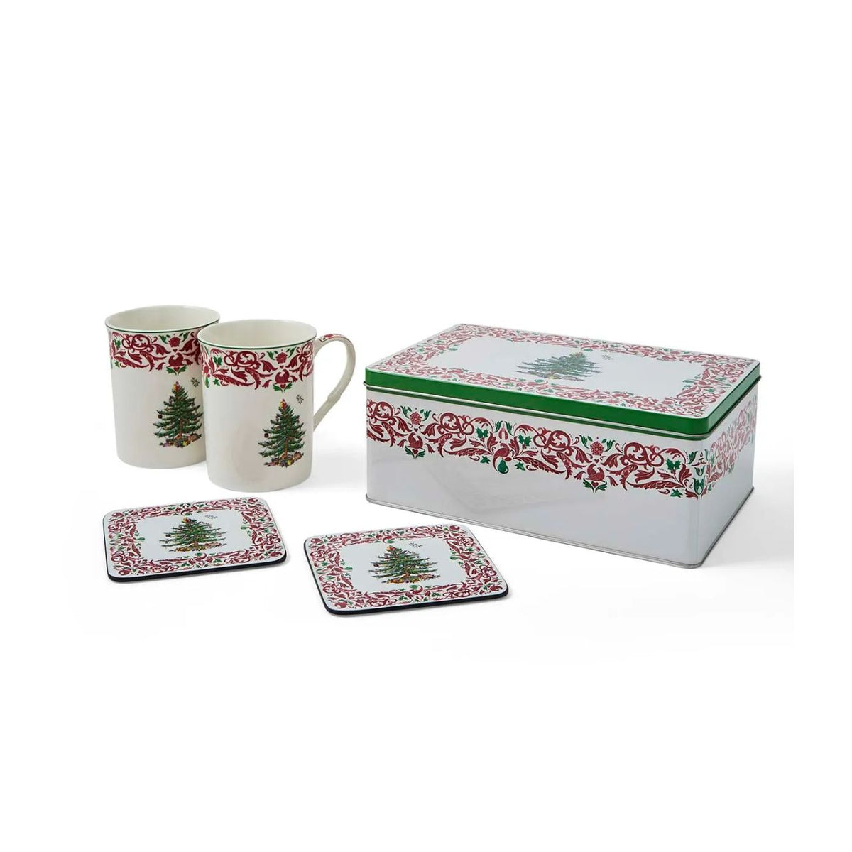 The Spode Christmas Tree Annual 2026 5pc Mug & Tin Set pairs festive charm with practical gifting appeal. Featuring two 12fl.oz mugs with a red and green scroll border and matching cork-backed coasters, the coordinating tin they are packaged in makes a beautifully presented collectors' gift.