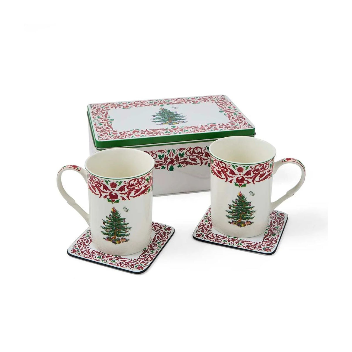 The Spode Christmas Tree Annual 2026 5pc Mug & Tin Set pairs festive charm with practical gifting appeal. Featuring two 12fl.oz mugs with a red and green scroll border and matching cork-backed coasters, the coordinating tin they are packaged in makes a beautifully presented collectors' gift.