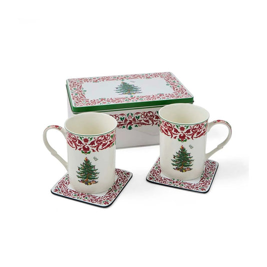 The Spode Christmas Tree Annual 2026 5pc Mug & Tin Set pairs festive charm with practical gifting appeal. Featuring two 12fl.oz mugs with a red and green scroll border and matching cork-backed coasters, the coordinating tin they are packaged in makes a beautifully presented collectors' gift.