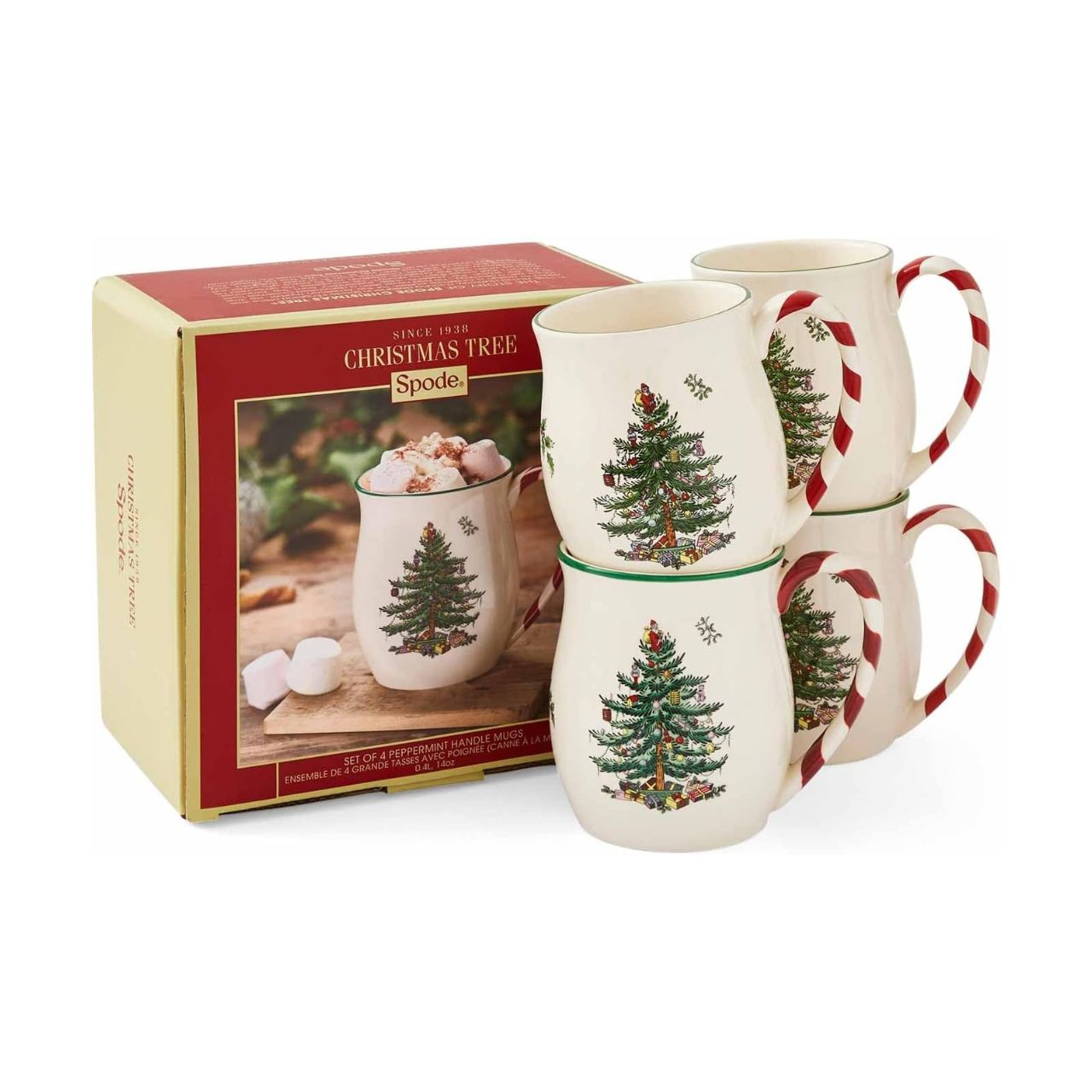 Striped candy cane handles are a gloriously festive addition to these stoneware mugs. Part of the Spode Christmas Tree collection, their seasonal design was created in 1938 and has a charmingly vintage feel.