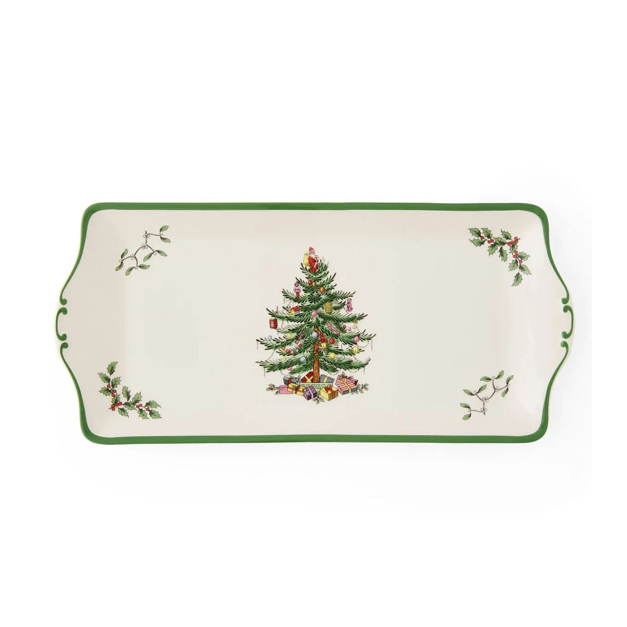 Whether you're hosting Christmas dinner, a casual lunch or Christmas Eve party, use this Christmas Tree sandwich tray from Spode for classic seasonal style. It's decorated with green borders, boughs of holly and mistletoe, and a traditional tree that calls to mind memories of Christmases past.