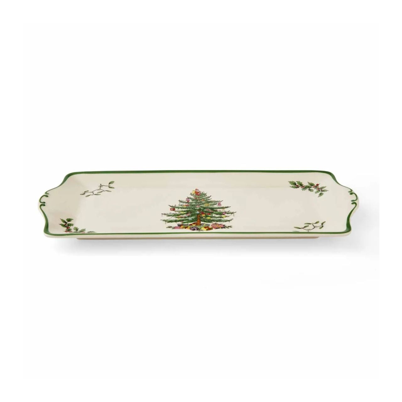 Whether you're hosting Christmas dinner, a casual lunch or Christmas Eve party, use this Christmas Tree sandwich tray from Spode for classic seasonal style. It's decorated with green borders, boughs of holly and mistletoe, and a traditional tree that calls to mind memories of Christmases past.