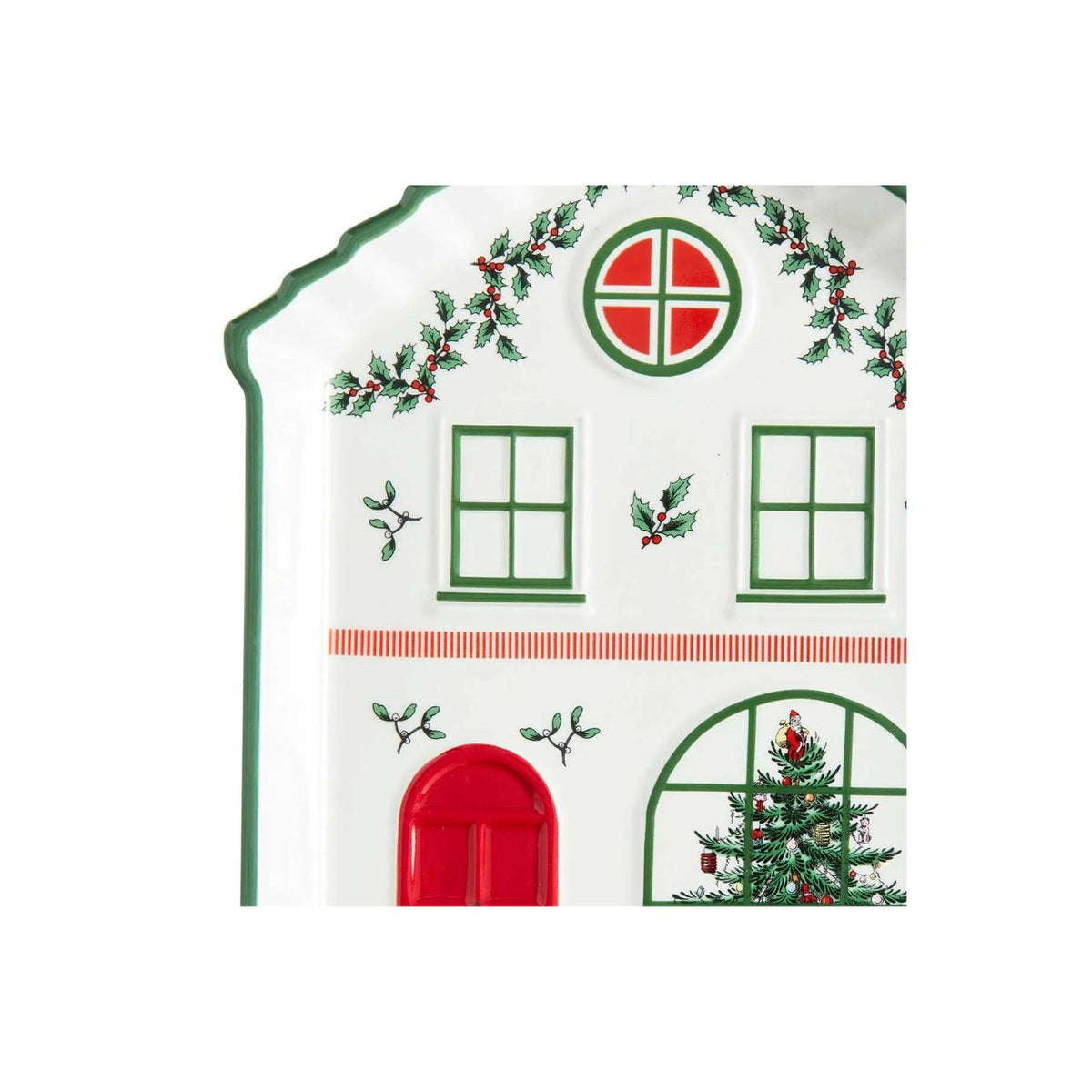 This charming ceramic tidbit tray from Spode is shaped like the front of a delightfully festive house, perfect for adding a touch of holiday charm to your table. The house features a welcoming green door flanked by two charming Christmas trees, inviting red windows, and a delightful display of festive foliage.