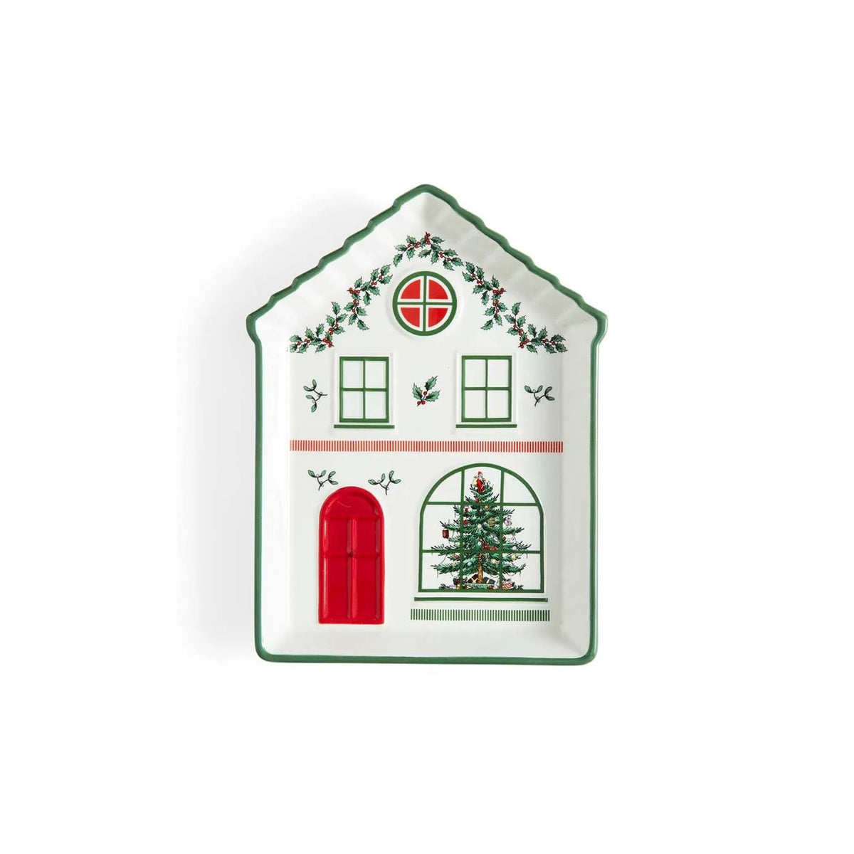 This charming ceramic tidbit tray from Spode is shaped like the front of a delightfully festive house, perfect for adding a touch of holiday charm to your table. The house features a welcoming green door flanked by two charming Christmas trees, inviting red windows, and a delightful display of festive foliage.