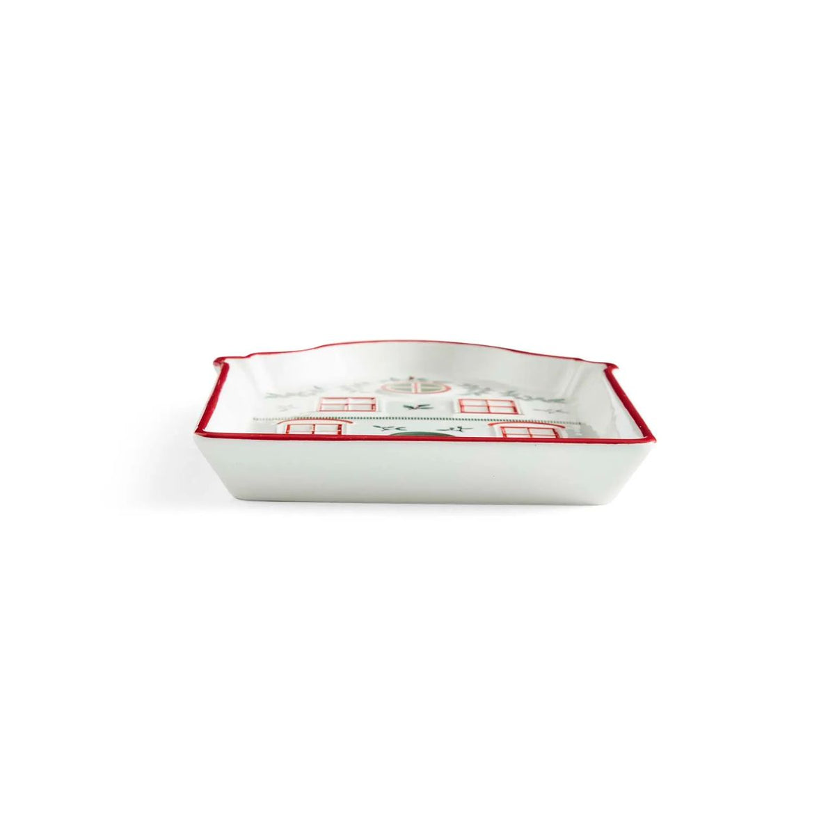 This Christmas Tree Village Tidbit Tray is shaped like a front of a delightful house, adding a touch of festive whimsy to your holiday table.