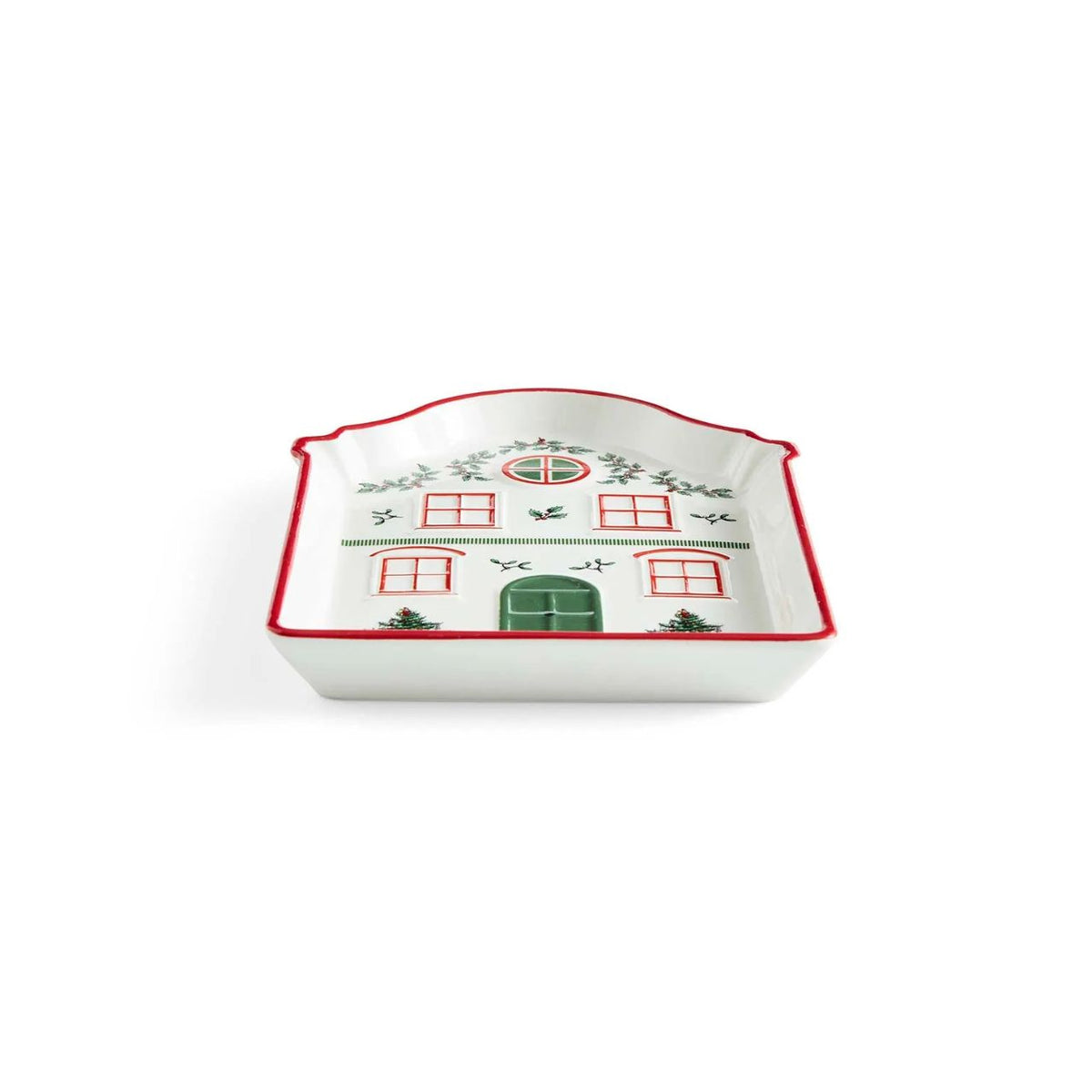 This Christmas Tree Village Tidbit Tray is shaped like a front of a delightful house, adding a touch of festive whimsy to your holiday table.