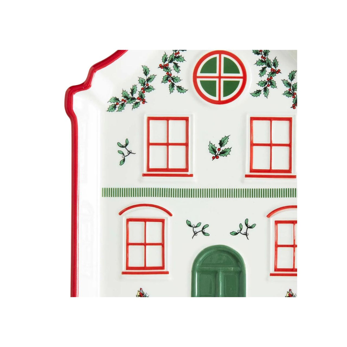 This Christmas Tree Village Tidbit Tray is shaped like a front of a delightful house, adding a touch of festive whimsy to your holiday table.