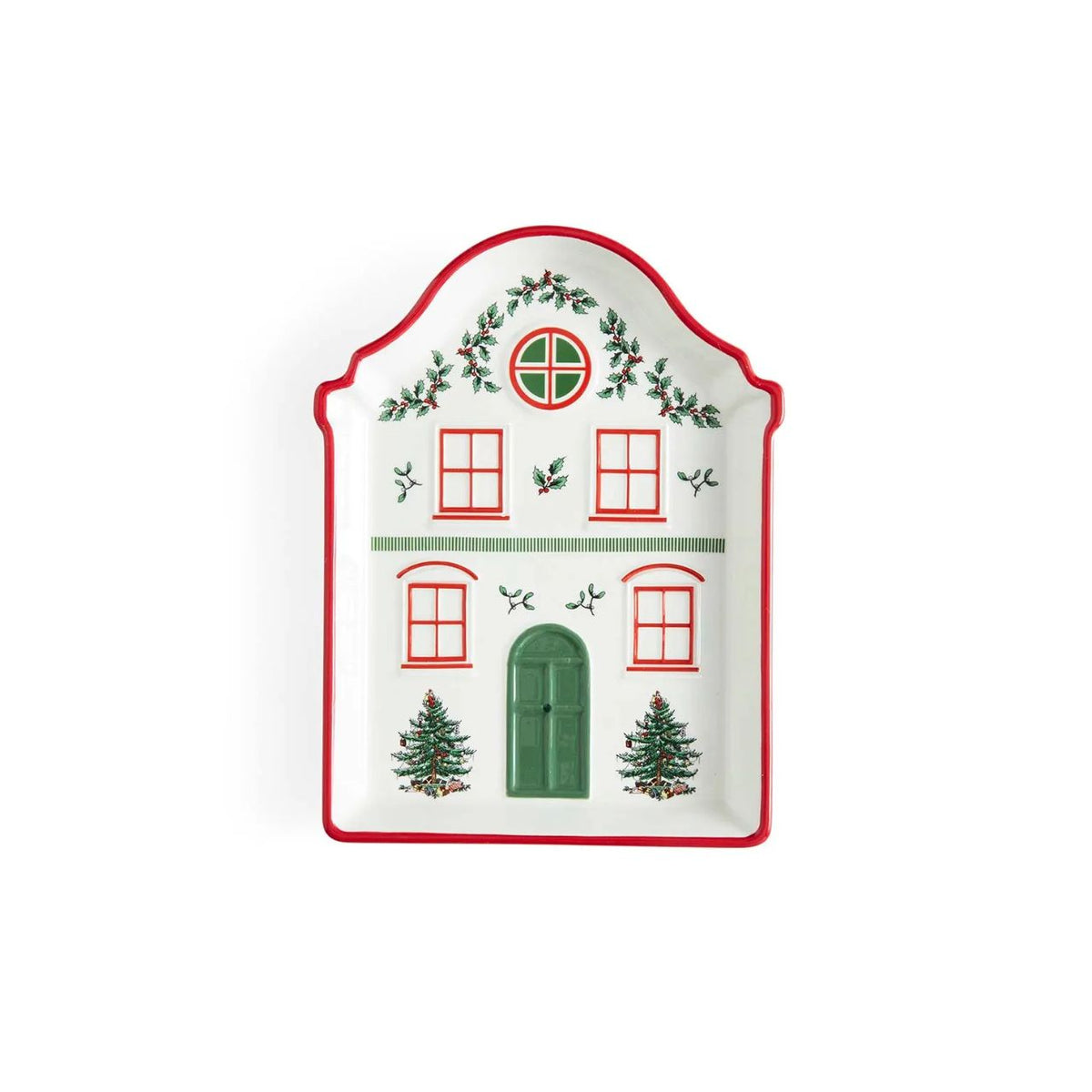 This Christmas Tree Village Tidbit Tray is shaped like a front of a delightful house, adding a touch of festive whimsy to your holiday table.