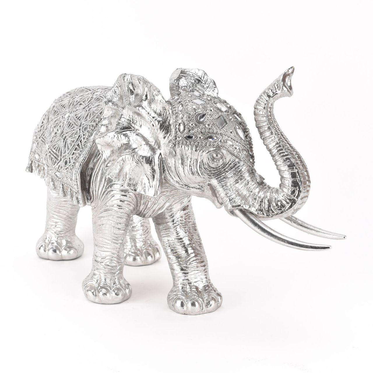 Standing Elephant Trunk Up Figurine 21"  A beautiful large silver elephant ornament. From the Naturecraft collection - the one stop shop for wildlife enthusiasts.