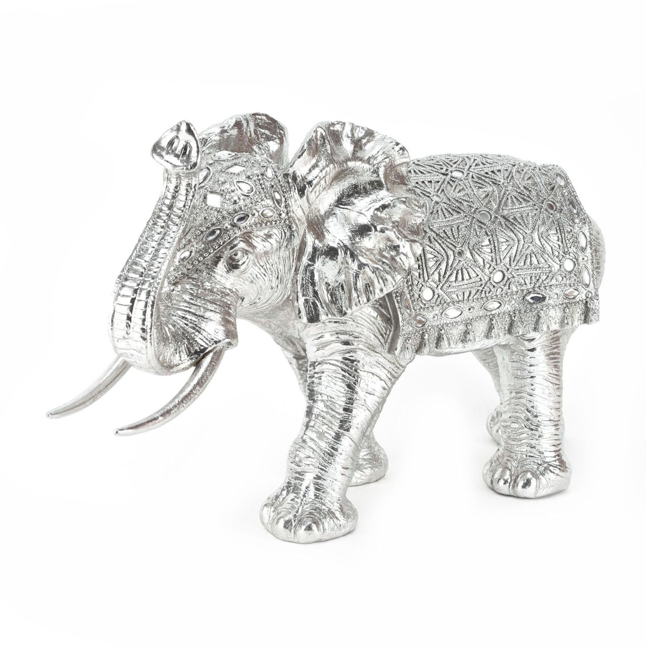 Standing Elephant Trunk Up Figurine 21"  A beautiful large silver elephant ornament. From the Naturecraft collection - the one stop shop for wildlife enthusiasts.