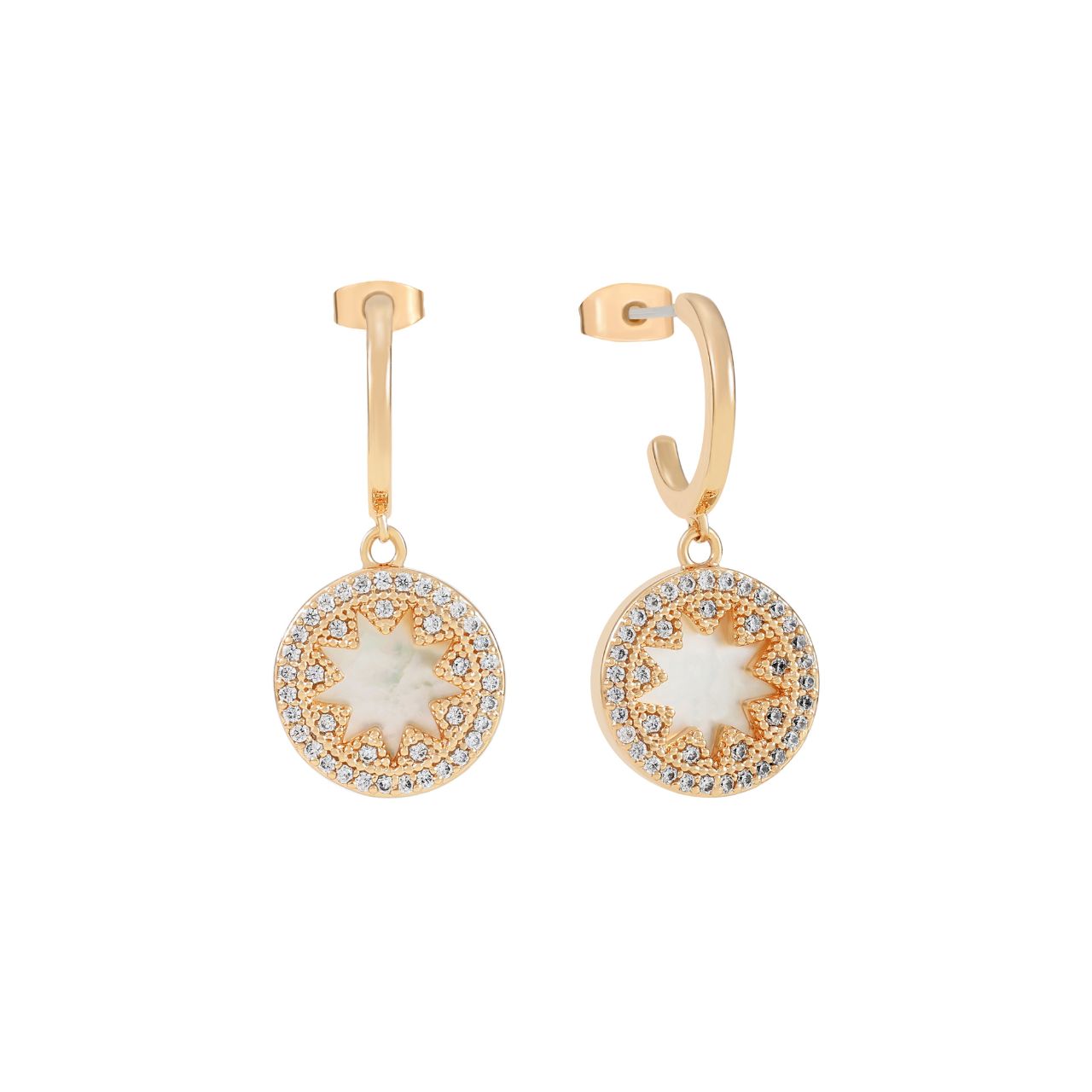 Elegant circle earrings featuring a delicate star design with lustrous mother of pearl inset. Crafted in gold-tone metal, these Tipperary earrings offer timeless sophistication with a touch of natural iridescence.