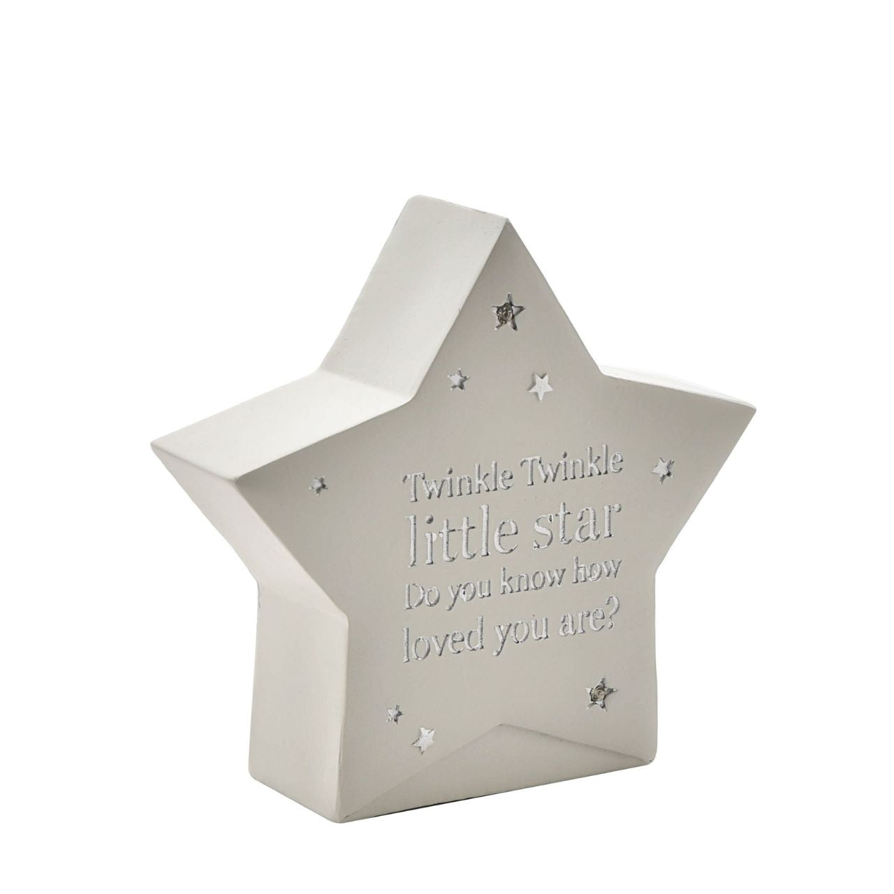 Star Shaped Resin Money Box "Twinkle Twinkle" 15 cm  A star shaped resin money box from BAMBINO BY JULIANA.  This wonderful keepsake provides glistening decoration for the nursery of new family arrivals which will be cherished eternally.