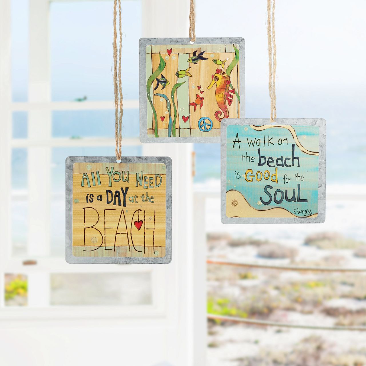 Day at the Beach Tin Hanging Ornament  Painted Peace. Designed by Stephanie Burgess, each colourful piece in the collection has been designed to create feelings of peace and love in your home.
