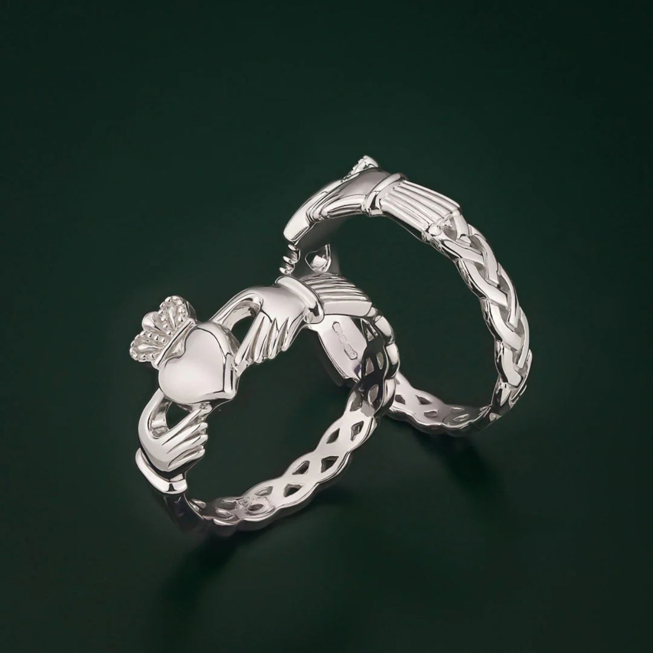 This elegant sterling silver ladies’ ring features the iconic Claddagh symbol evoking love, loyalty and friendship. The Claddagh represents love and devotion, and evokes the words of the Irish sailor who first crafted it for his sweetheart: “With these hands I give you my heart, and I crown it with my love”. This unique sterling silver ring features a weave band, and has been Irish hallmarked in Dublin Castle.