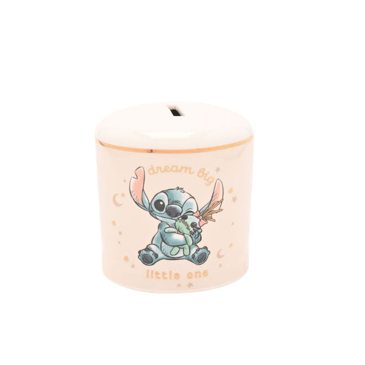 Ceramic piggy bank with cartoon character on a white background