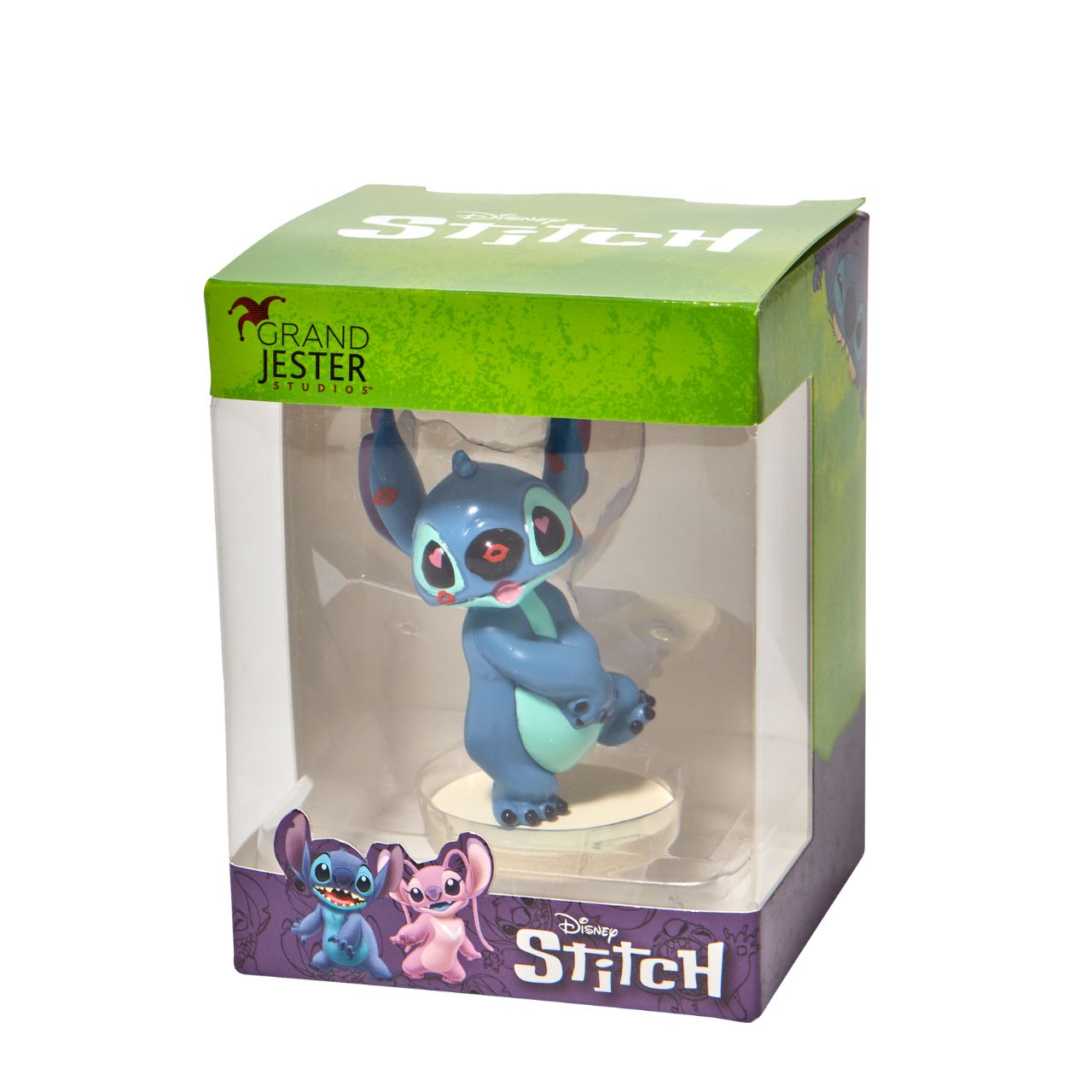 Grand Jester Stitch Covered in Kisses Mini Figurine  This super cute Stitch has been covered in lipstick kisses and looks loved up. He is made from high quality vinyl and is the perfect addition to any Stitch fans collection or bought as a gift for a birthday, Valentines or as a little treat.